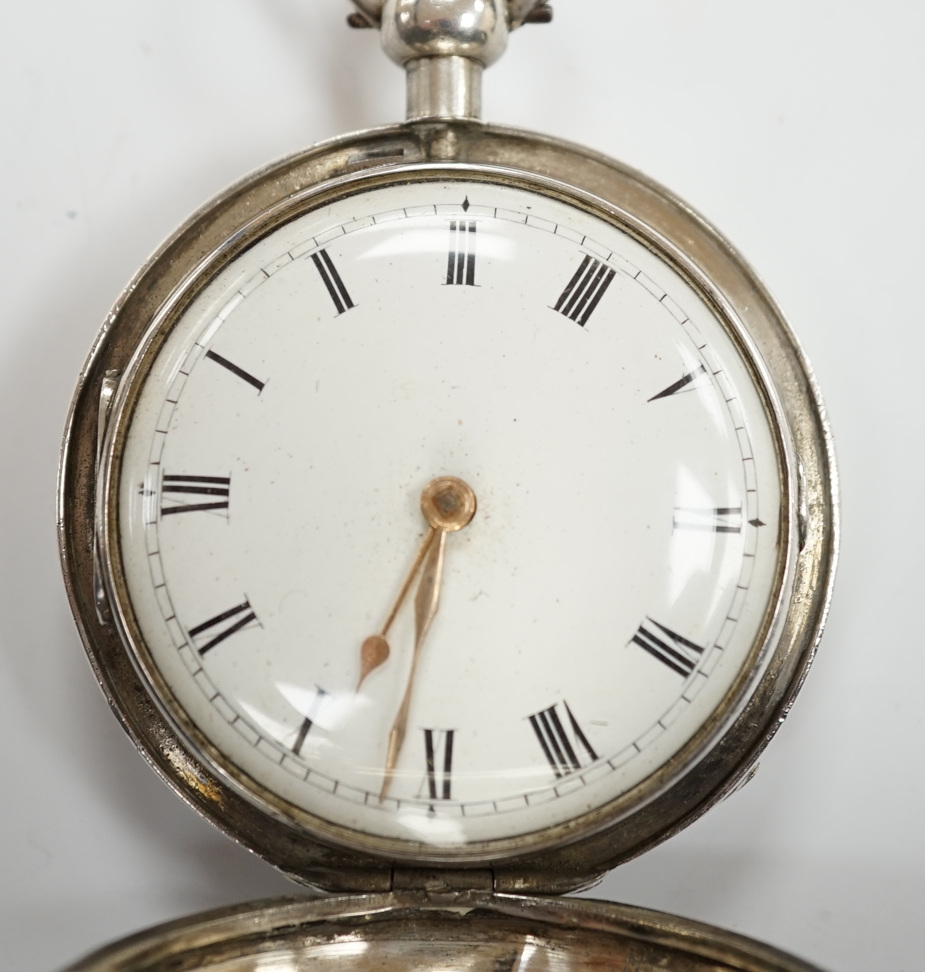 A George III silver hunter keywind duplex pocket watch, by Barwise of London, with Roman dial and signed movement with diamond set cock and numbered 4655, case diameter 55mm.